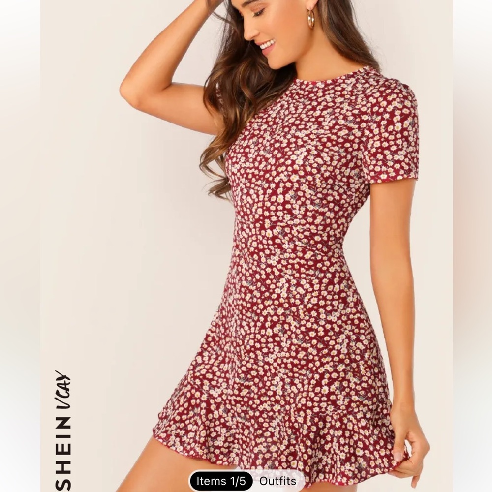 SHEIN VCAY Allover Floral Print Ruffle Hem Textured Dress